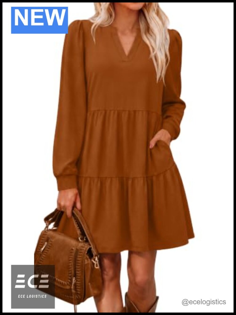 V Neck Long Sleeve Tiered Dress with Pockets